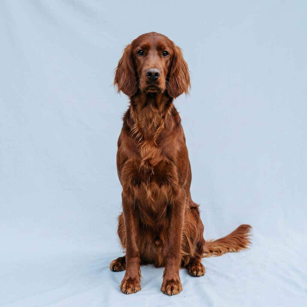 Irish Setter Hündin sitzt und blickt in die Kamera