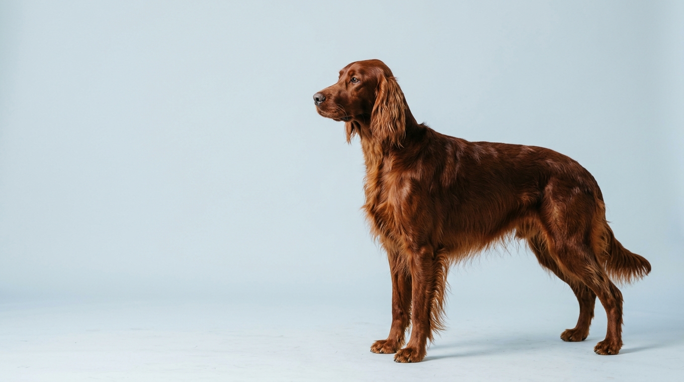 Irish Setter Rüde steht im Profil vor hellblauem Hintergrund
