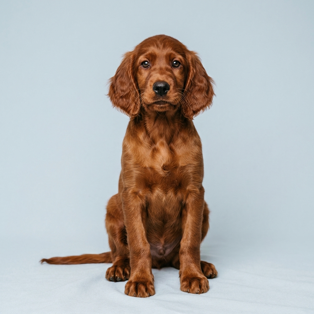 Irish Setter Welpe sitzt vor hellblauem Hintergrund